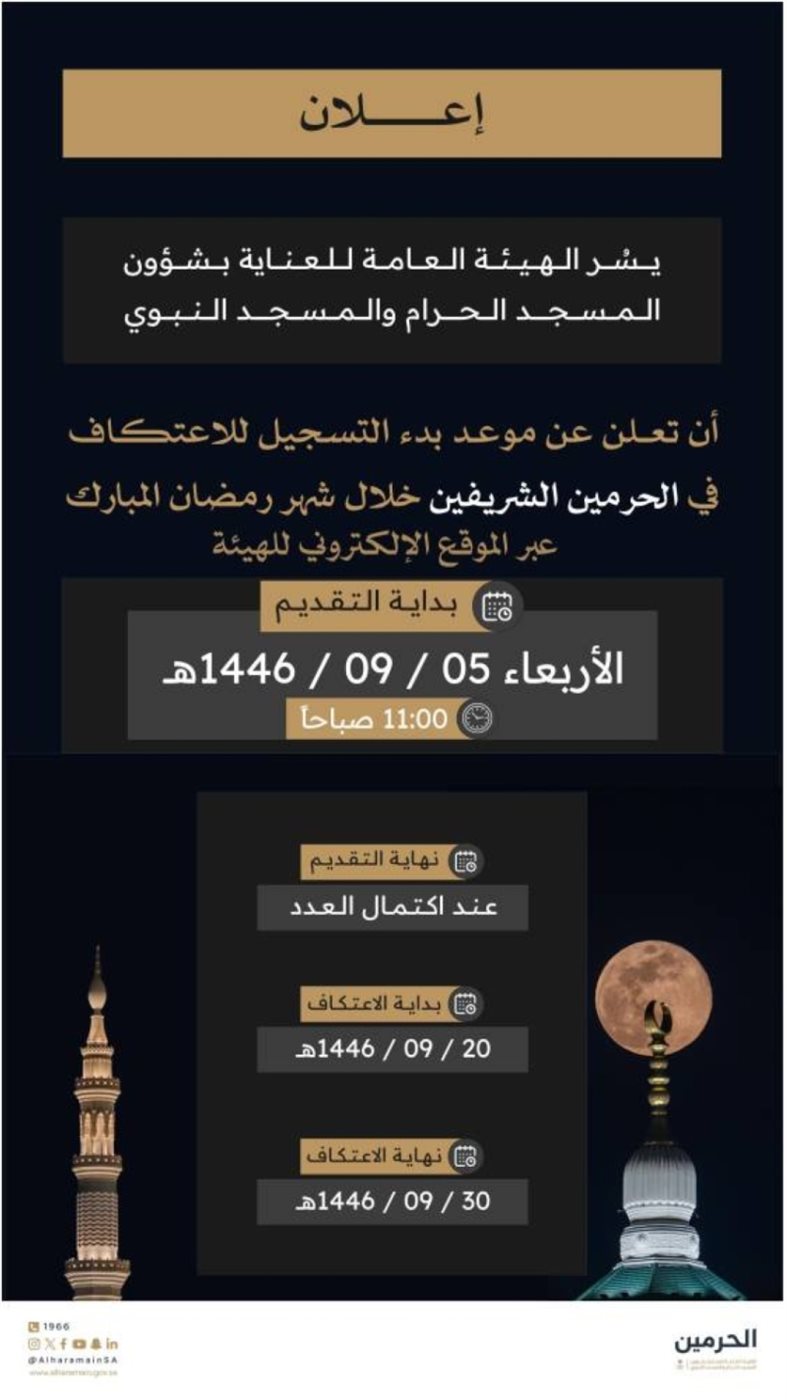 التسجيل في الاعتكاف في الحرمين الشريفين رمضان 1446