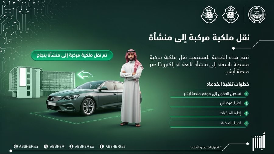 خطوات نقل ملكية مركبة إلى منشأة عبر منصة أبشر