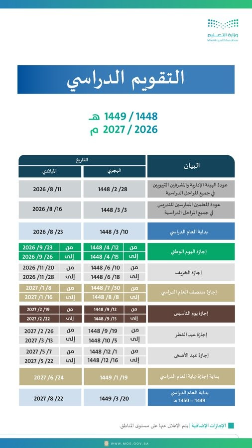 التقويم الدراسي للعام 1447-1448