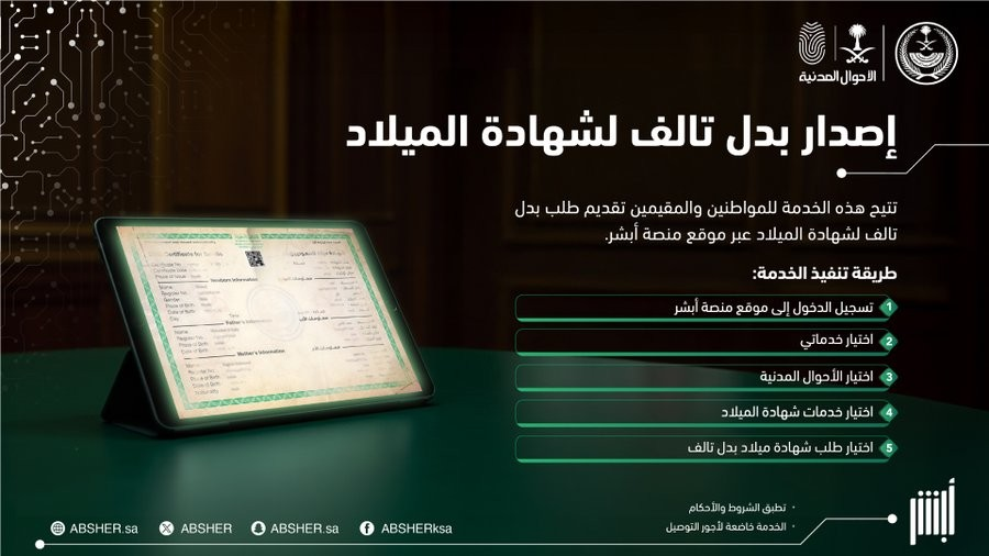 خطوات طلب إصدار شهادة ميلاد بدل تالف عبر أبشر