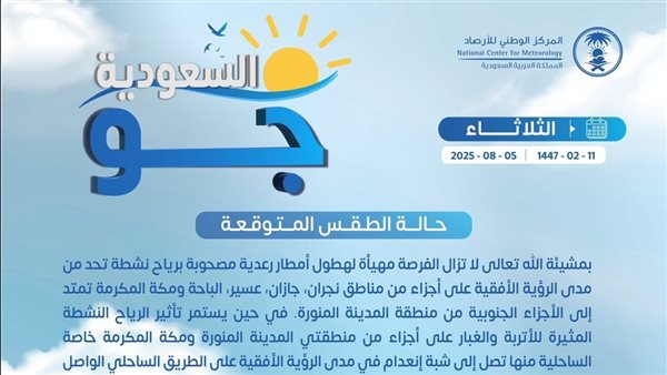 حالة الطقس اليوم في السعودية الثلاثاء 5 أغسطس 2025