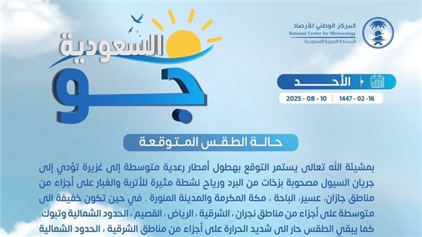 حالة الطقس اليوم في السعودية الأحد 10 أغسطس 2025