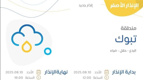 حالة الطقس اليوم في تبوك الإنذار الأصفر في البدع وحقل وضباء