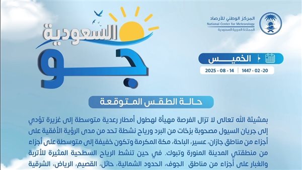 حالة الطقس اليوم في السعودية الخميس 14 أغسطس 2025
