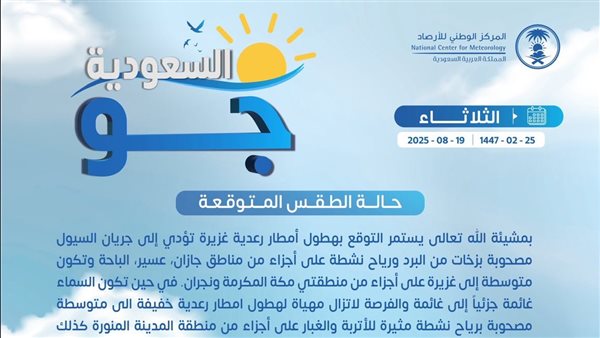 حالة الطقس اليوم في السعودية الثلاثاء 19 أغسطس 2025